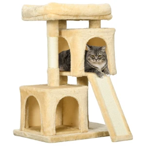 PawHut Deluxe Cat Tree Activity Centre, Sisal Rest & Play with 2 Cosy Houses, Cream White