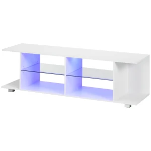 HOMCOM TV Stand, 145cm Modern TV Unit with Glass Shelves, RGB LED Light for 32 40 43 50 52 55 60 inch 4k TV, White