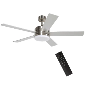 HOMCOM Ceiling Fan with Light, 132cm Flush Mount LED Ceiling Fan Light with 5 Reversible Blades, Remote Control, for Bedroom Living Room, Silver and Beech Wood-effect