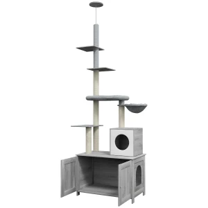 PawHut Cat Tree with Hidden Litter Box, 2 in 1 Floor to Ceiling Cat Litter Box Furniture with Cat House, Bed, Hammock, Scratching Posts and Platforms, for Indoor Use, Grey
