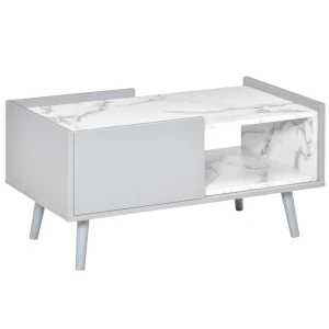 HOMCOM Two-Tone Coffee Table, Modern Marble Effect with Shelf Drawer, Duo Storage Side Table, Wood Legs, Grey - White