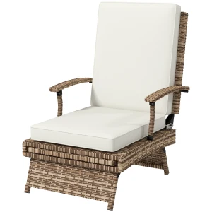 Outsunny Outdoor PE Rattan Recliner Chair with Cushion, Foldable Design Garden Recliner Chair with Retractable Footrest and Adjustable Back with 80Â° Recline, Light Brown