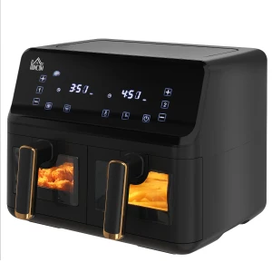 HOMCOM Dual Basket Air Fryer, 8L Family Size Double Air Fryer Oven with 8 Presets, Digital Display, Visual Window, Inner Light, Recipe, Timer, Preheat for Oil Free & Low Fat Healthy Cooking, 2500W