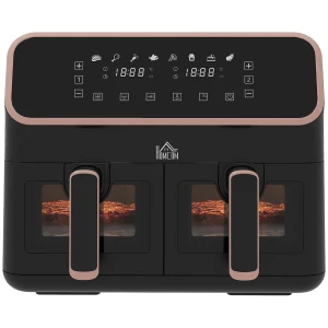 HOMCOM Dual Air Fryer, 8L Family Size Double Air Fryer Oven with 8-In-1 Presets, Smart Finish, Digital Display, Visual Window, Recipe, Timer for Oil Free & Low Fat Healthy Cooking, 2700W, Gold Tone
