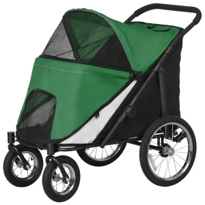 PawHut Foldable Pet Stroller with Washable Cushion, Storage Bags, Safety Leash for Medium and Large Dogs Cats Travel, Dark Green