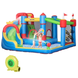 Outsunny 5 in 1 Kids Bounce Castle Large Castle Style Inflatable House Slide Trampoline Pool Water Gun Climbing Wall for Kids Age 3-8