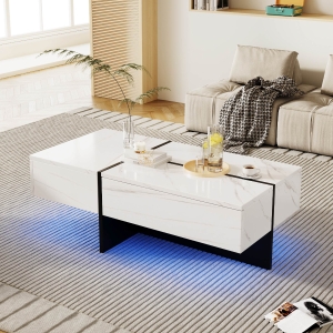Măsuță de alb cafea, cu sistem de iluminare LED controlat prin aplicație, 100x50x34,5 cm, Alb