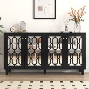 Comodă cu Oglindă și Mânere de Cristal, 4 Uși și Rafturi Reglabile pentru Living și Sufragerie, 160x40x84 cm, Negru