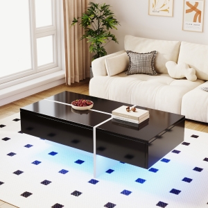 Măsuță de negru cafea, cu sistem de iluminare LED controlat prin aplicație, 100x50x34,5 cm, Negru