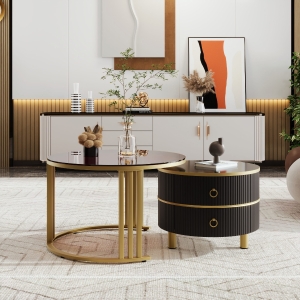 Măsuță de cafea 2-în-1 Rotundă din MDF, cu 1 Blat Negru și 1 Blat din Sticlă Temperată, Măsuțe cu 2 Sertare pentru Living, Negru