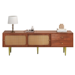 Mobile TV Elegante con Porte Scorrevoli in Rattan e Cassetti, color Noce