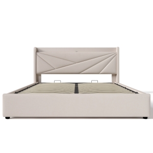 Struttura Letto Matrimoniale in Ferro con Contenitore e USB-C, Testiera Imbottita con Spugna Morbida, 140x200 cm, Beige