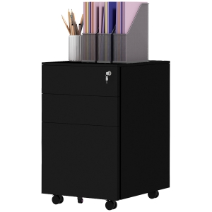 Vinsetto Rolcontainer Dossierkast, 3 Lades, Afsluitbaar, Op Wielen, 37 cm x 43,5 cm x 60 cm, Zwart