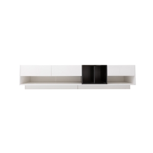 Combinaison de meuble TV mobile, design à blocs, tiroirs, étagères, divers espaces de rangement, Blanc
