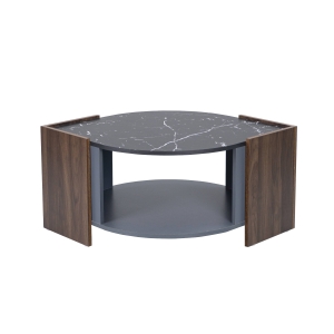 Table basse en marbre et noyer avec des lignes uniques, design élégant, en solde, Noir et bois