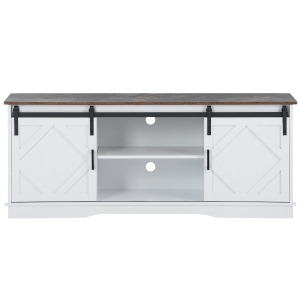 Meuble TV pour télévision jusqu'à 65 pouces style campagne moderne avec portes coulissantes et étagères réglables, Marron blanc