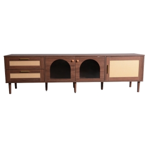 Wooden TV Stand for 80-Inch TV with Rattan Drawers, Brown