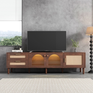 Wooden TV Stand for 80-Inch TV with Rattan Drawers, Brown