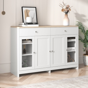 Sideboard Landhausstil 120x80 cm, 4 Türen, 2 Schubladen, Glaseinsatz für Wohnzimmer & Esszimmer, Weiß Holzfarbe