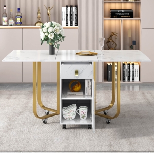 Folding Extendable Dining Table with Cupboard and 2 Drawers, Space-Saving Utility Table with Castors and Adjustable Legs, White/Gold