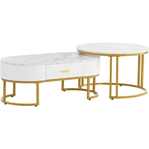 Ensemble de 2 Tables Basses Gigognes Modernes avec Structure en Métal Doré et Plateaux Spacieux, Dimensions 100x48x38,5 cm et 70x70x44,5 cm, Blanc