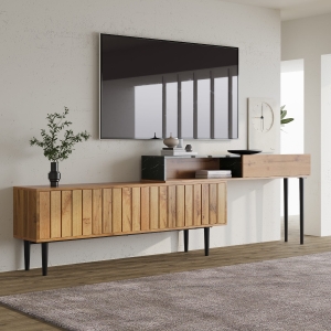 Moderner TV-Ständer mit Marmor- und Holzmaserungsdesign, PVC-Kante und stabilen Eisenbeinen, Holzfarbe