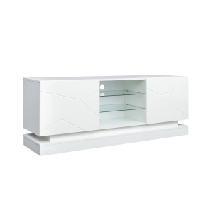 Meuble TV Moderne Brillant avec Étagère en Verre Réglable et Charnières Silencieuses, Support pour TV jusqu'à 70 Pouces, 160x38,5x60 cm, Blanc