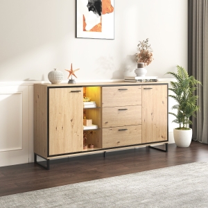 Sideboard 160 cm breit mit 3 Schubladen und 2 Türen, LED-Beleuchtung, großes Stauraum, Schwarz und Holzton