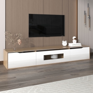 TV-Schrank 180cm Hochglanz mit LED-Beleuchtung 4 Lichtmodi und Wandmontage fürs Wohnzimmer Weiß und Holzfarbe