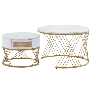 Set di 2 Tavolini da Salotto Moderni Sovrapponibili in MDF con Finitura Marmo e Cassetti in Rattan Sintetico, Bianco