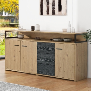 Industrieel dressoir 150 cm met 3 deuren en 3 lades, verstelbare planken voor flexibele opbergruimte, hoogwaardige spaanplaat en eenvoudige montage, 150X35X75,9 cm, zwart, natuurkleur