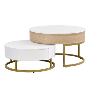 Set di Tavolini da Salotto Sovrapponibili Regolabili in Altezza con Due Cassetti, Bianco