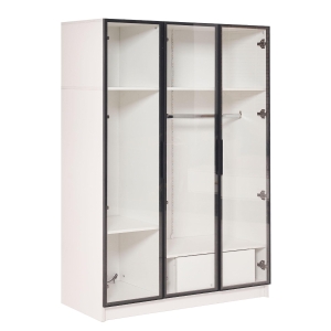 Armadio Spazioso con 3 Ante in Vetro, 1 Cassetto e 1 Asta Appendiabiti, Illuminazione LED Integrata, 110x50x160 cm, Bianco