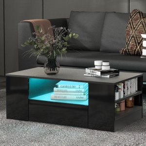 Couchtisch mit 2 Schubladen und 2 Regalen, LED-Beleuchtung, 95 x 53 x 37 cm, Schwarz
