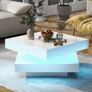 Couchtisch 70x70 cm Quadratischer Hochglanz mit drehbarer Platte und 16-farbigem LED-Licht  Weiß