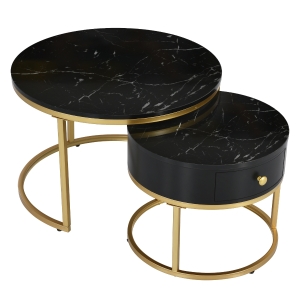 Set di 2 Tavolini da Salotto Moderni Annidati con Effetto Marmo Lucido, Nero