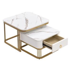 Set di Tavolini da Salotto Impilabili in Marmo Lucido con Dettagli Dorati e Cassetti, Bianco