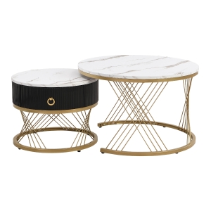 Set di 2 Tavolini da Salotto Moderni Modulari in Marmo Sintetico con Dettagli Dorati e Cassetti, Dimensioni 70x70x45 cm e 50x50x40 cm, Bianco