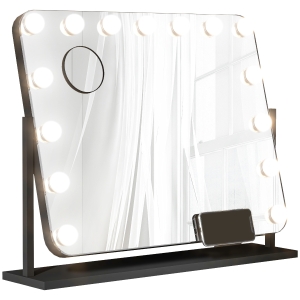HOMCOM Lustro Kosmetyczne LED, 3 Tryby Światła, Regulowane, Sterowanie Dotykowe, USB, 62,5x49,5cm, Czarny