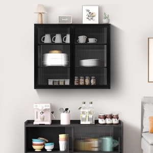 Moderne Wandschrank mit zwei Türen, Glasfront und dreistufigen Regalen für Flur, Wohnzimmer, Bad und Esszimmer, Schwarz