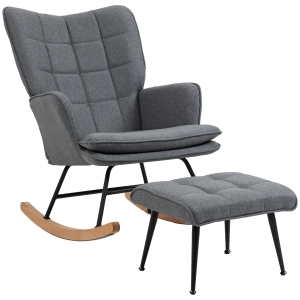 HOMCOM Krzesło Bujane z Podnóżkiem, Komfortowe, do 130 kg, Wygląd Lnu, 64x89x90 cm, Szary