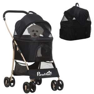 PawHut 2-in-1 Hundewagen und Transportkorb bis 10 kg Klappbar Netzfenster Bodenkorb 82 cm x 49,5 cm x 98 cm Schwarz