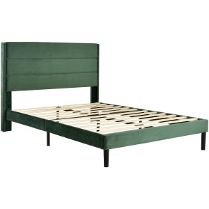 Cama doble con cabecero acolchado y somier de lamas, tapizado en tejido de terciopelo, diseño moderno, sin colchón, 140x200 cm, Verde