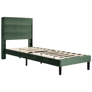 Cama individual con somier y cabecero de diseño moderno en tela aterciopelada, gran confort y desenfundable, sin colchón, 90x200 cm, Verde