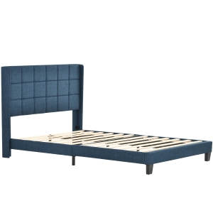 Letto Matrimoniale con imbottito Testiera e rete a Doghe, spento Lino, 140x200 cm, con Materasso, Blu