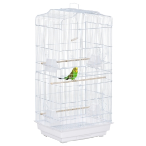 PawHut Gaiola para Passáros Gaiola de Metal com Portas 4 Comedouros 3 Poleiros Baloiço Bandeja Removível e Alça de Transporte para Papagaio Canário Periquito 46,5x35,5x92cm Branco