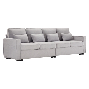 Canapé Moderne 4 Places en Tissu de Lin Déhoussable avec Poches sur les Accoudoirs et 4 Coussins Lombaires, Adapté pour Salon et Bureau, Gris
