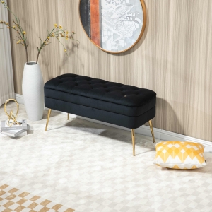 Velvet Upholstered Storage Ottoman Bench with Metal Legs, Footrest Sofa for Bedroom and Living Room, 104x40x51 cm, Black