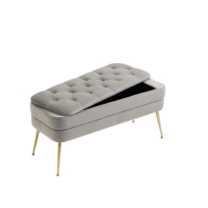 Velvet Upholstered Storage Ottoman Bench with Metal Legs, Multifunctional Footrest Sofa, 104x40x51 cm, Grey