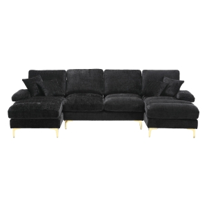 Canapea Mare de Lux în Formă de U, Modulară, cu Două Șezlonguri Rabatabile, Din Țesătură Premium Chenille, Stil Modern, Negru